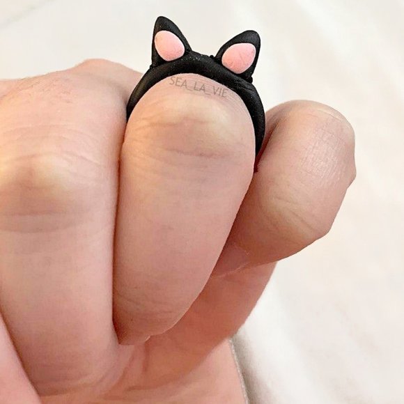 3/$25 Black Cat Ears Hand Crafted Polymer Clay Fashion Ring - Picture 2 of 7